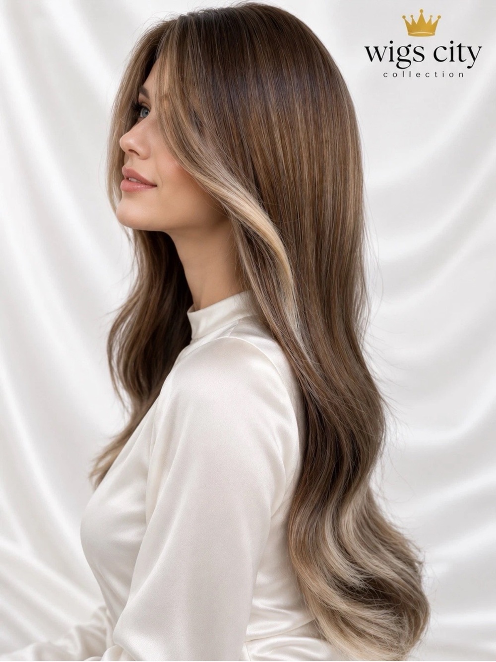 27” Human Hair Blend Wig Natural Light Brown Balayage Frame Bangs Heat Resistant